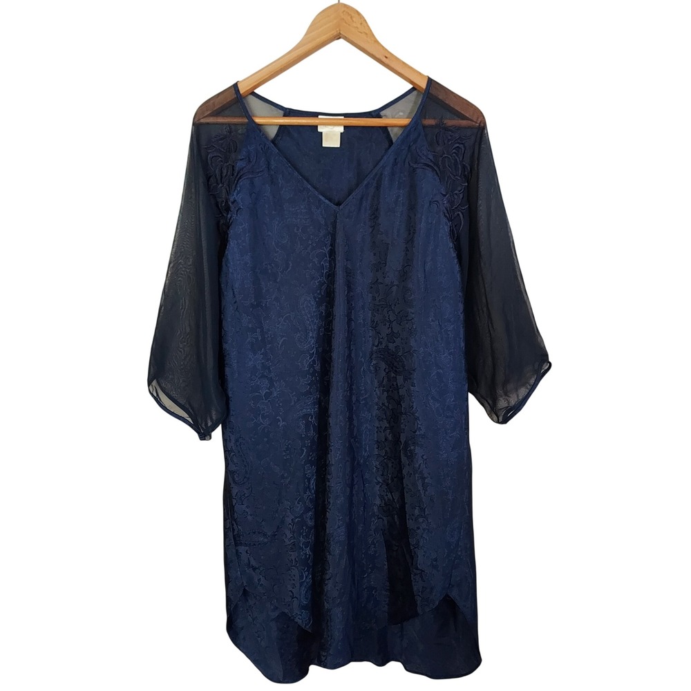 Vtg Lanique Navy Blue Jacquard Floral Nightgown Sheer Mesh Embroidered 18/20